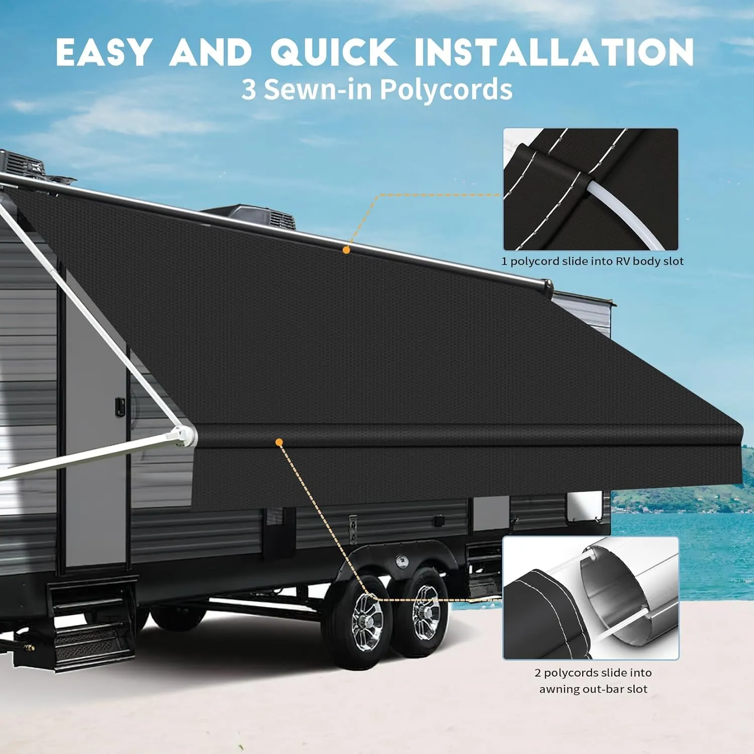 RV Awning Fabric Replacement, Premium 4-Ply 18.5oz Vinyl Fabric for RV Canopy, Universal Fit for Electric ＆ Manual Camper Awning (16FT(Fabric 15'2"), Solid Black)