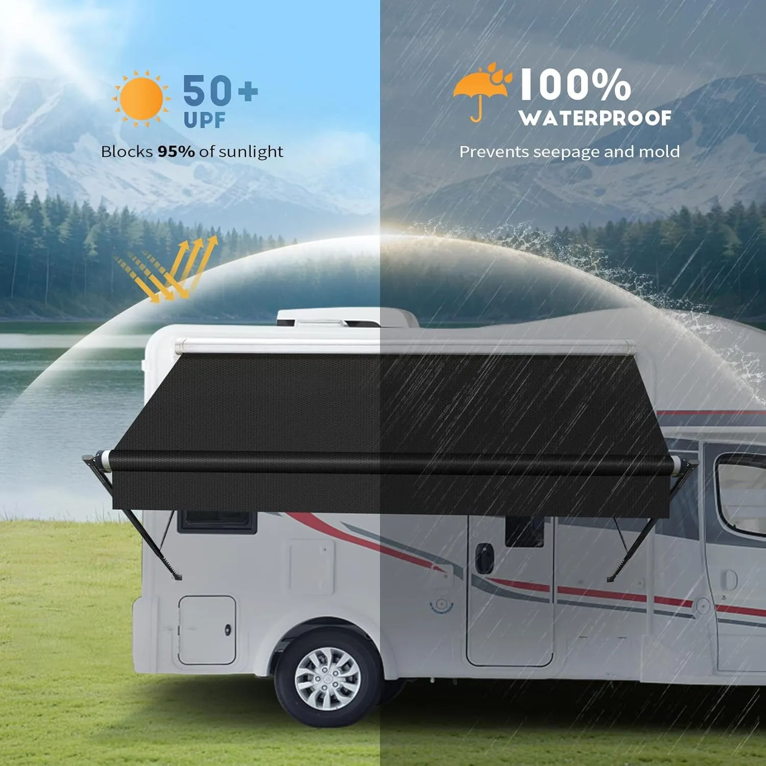 RV Awning Fabric Replacement, Premium 4-Ply 18.5oz Vinyl Fabric for RV Canopy, Universal Fit for Electric ＆ Manual Camper Awning (16FT(Fabric 15'2"), Solid Black)