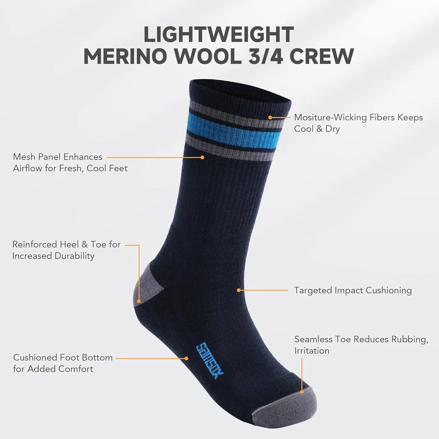 SAMSOX Merino Wool Hiking Socks for Men & Women - Made in USA Micro Crew with Cushion, Lightweight Boot Socks (Nevada)