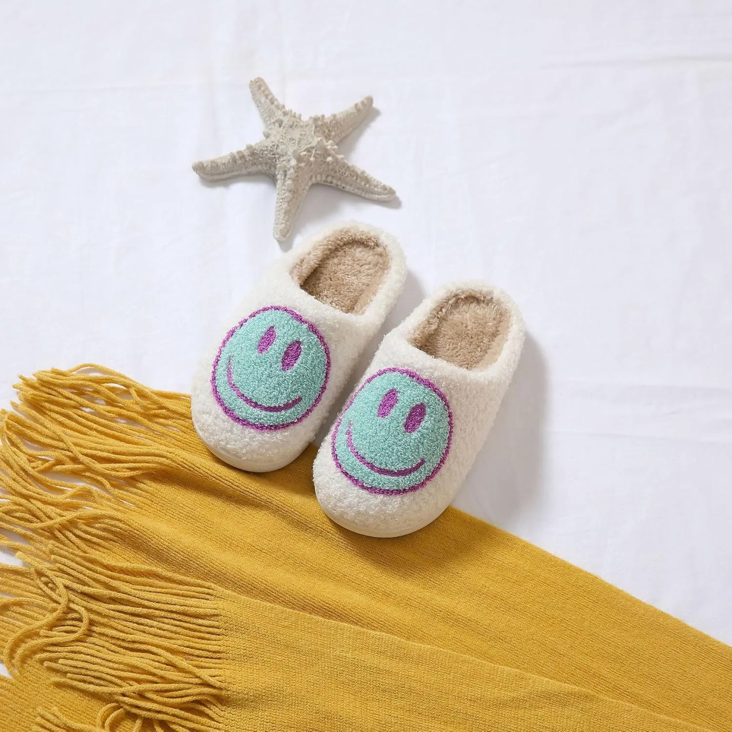 Sharllen Kids Happy Face Fuzzy Cozy Non-Slip Toddler Girls Boys Slide Slippers Plush Cute Warm Soft Socks Shoes for Little Big Kids Winter Indoor Outdoor