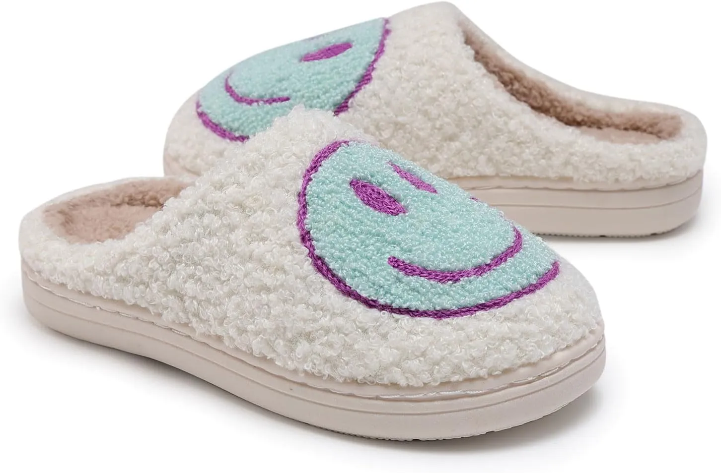 Sharllen Kids Happy Face Fuzzy Cozy Non-Slip Toddler Girls Boys Slide Slippers Plush Cute Warm Soft Socks Shoes for Little Big Kids Winter Indoor Outdoor