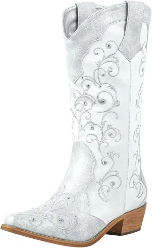SheSole Women's Rhinestones Cowgirl Cowboy Boots Western Country Wedding Wide Calf Floral Embroidery Boot