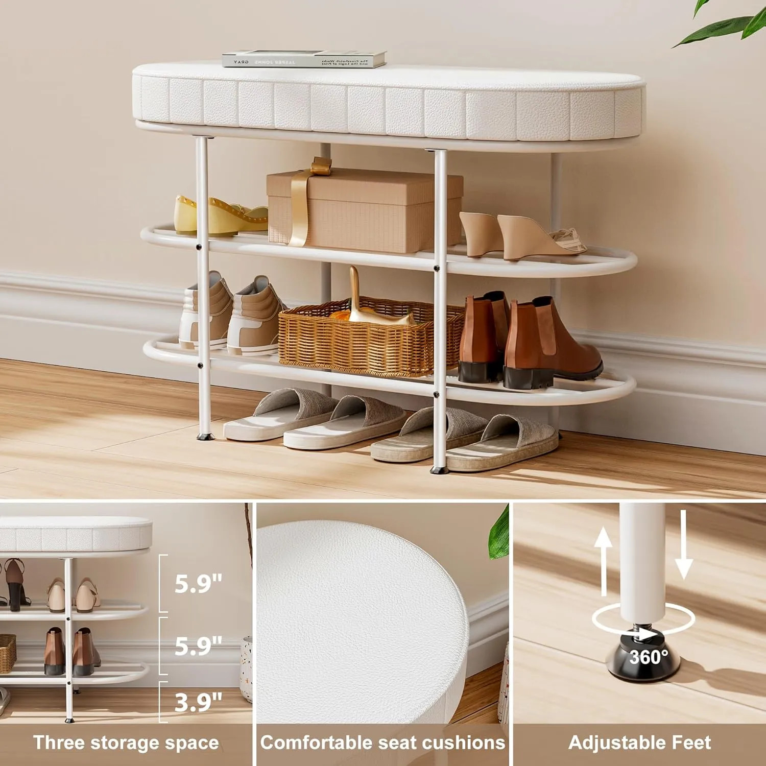 Shoe Bench with Cushion, 3 Tier Shoe Rack Storage Bench, Entryway Bench, for Hallway, Entryway, Bedroom, Living Room, Holds Up to 300 lb (White,31.5")
