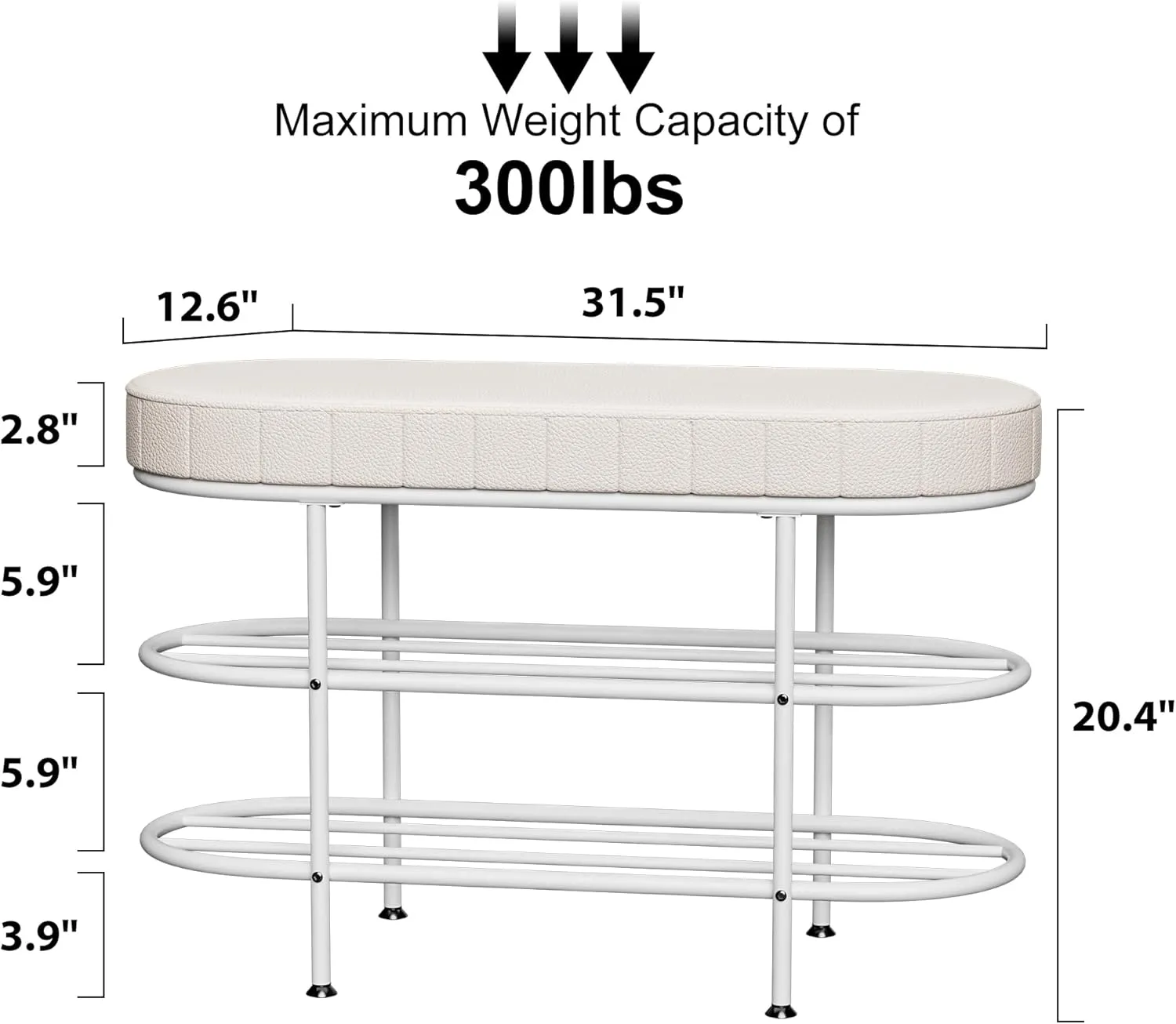 Shoe Bench with Cushion, 3 Tier Shoe Rack Storage Bench, Entryway Bench, for Hallway, Entryway, Bedroom, Living Room, Holds Up to 300 lb (White,31.5")