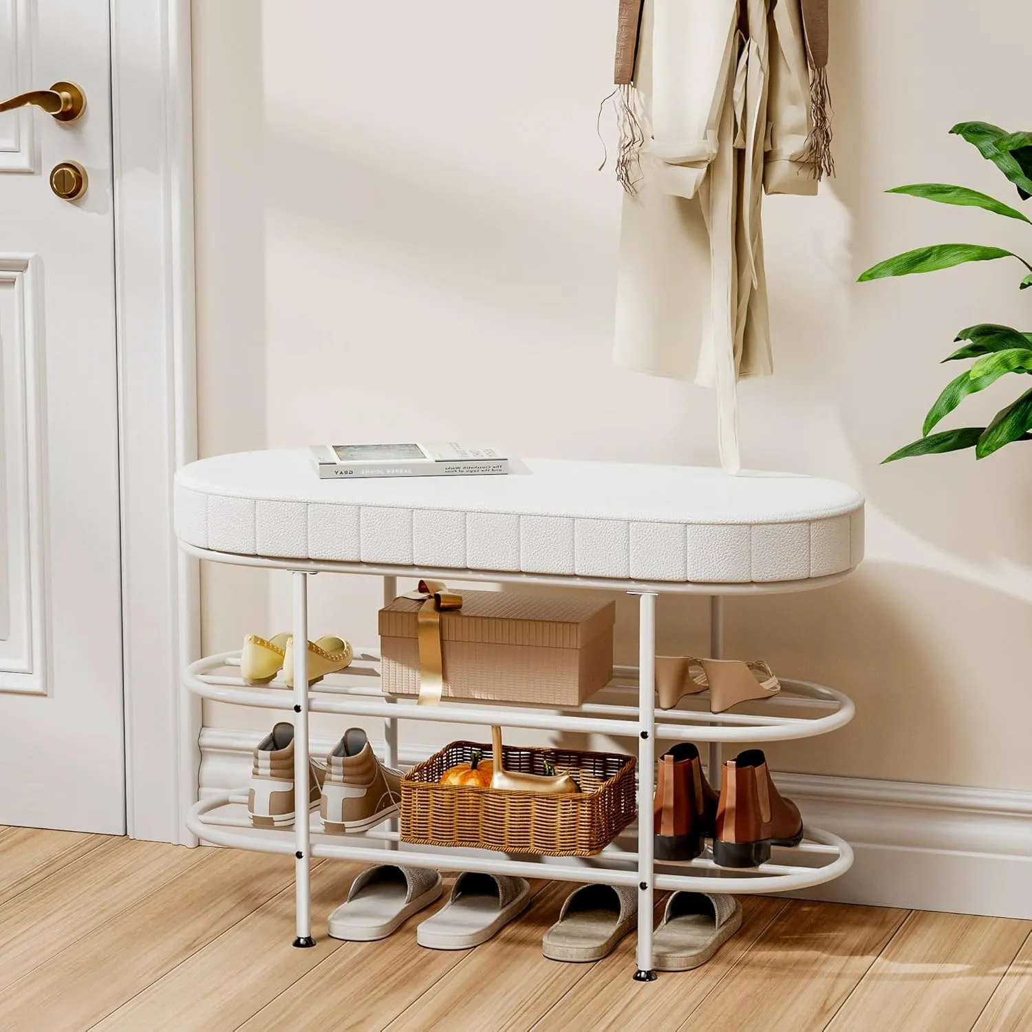 Shoe Bench with Cushion, 3 Tier Shoe Rack Storage Bench, Entryway Bench, for Hallway, Entryway, Bedroom, Living Room, Holds Up to 300 lb (White,31.5")
