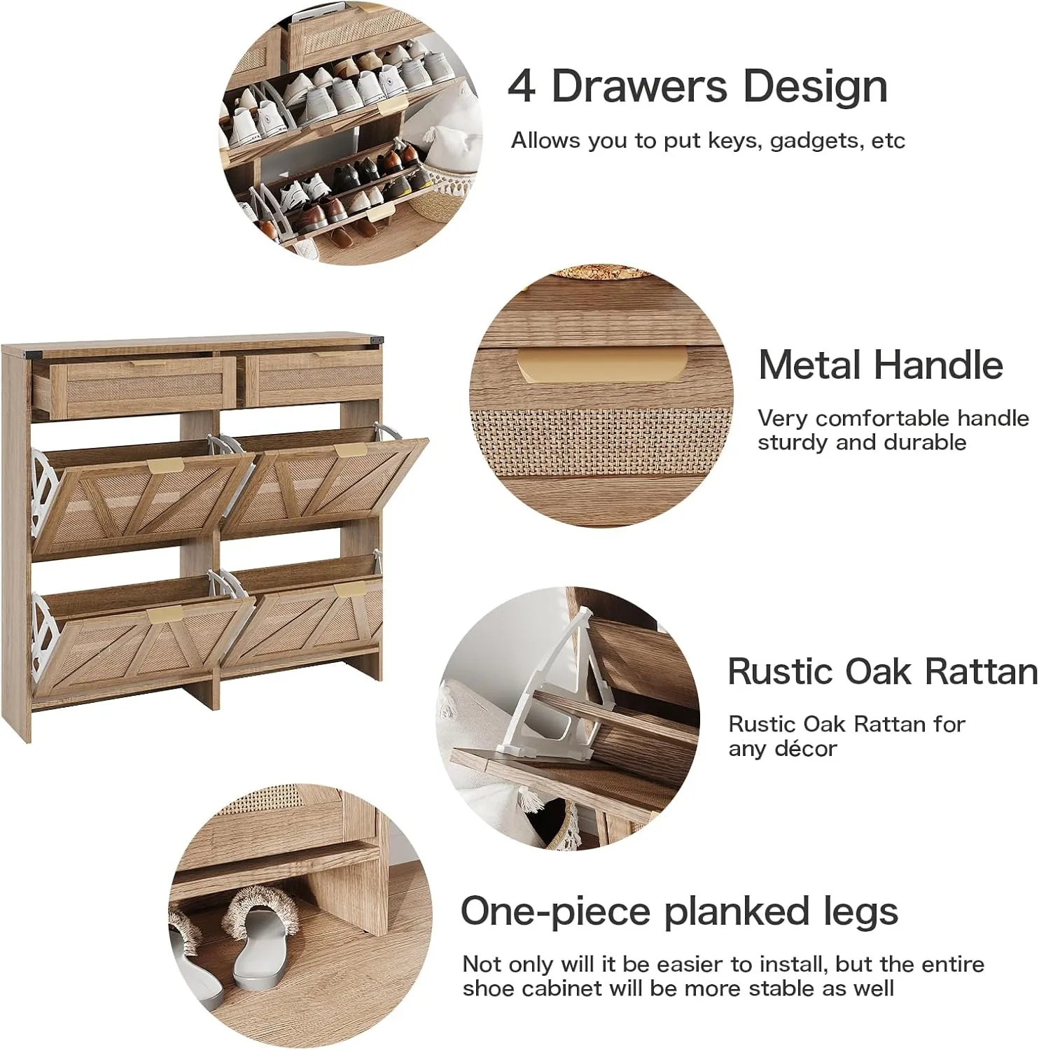 Shoe Cabinet with 4 Flip Drawers & 2 Drawers,Farmhouse Shoe Storage Cabinet for Entryway,Slim Freestanding Organizer Rack for Front Door Entrance,Rustic Oak Rattan