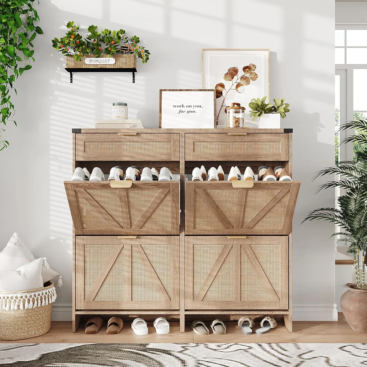 Shoe Cabinet with 4 Flip Drawers & 2 Drawers,Farmhouse Shoe Storage Cabinet for Entryway,Slim Freestanding Organizer Rack for Front Door Entrance,Rustic Oak Rattan