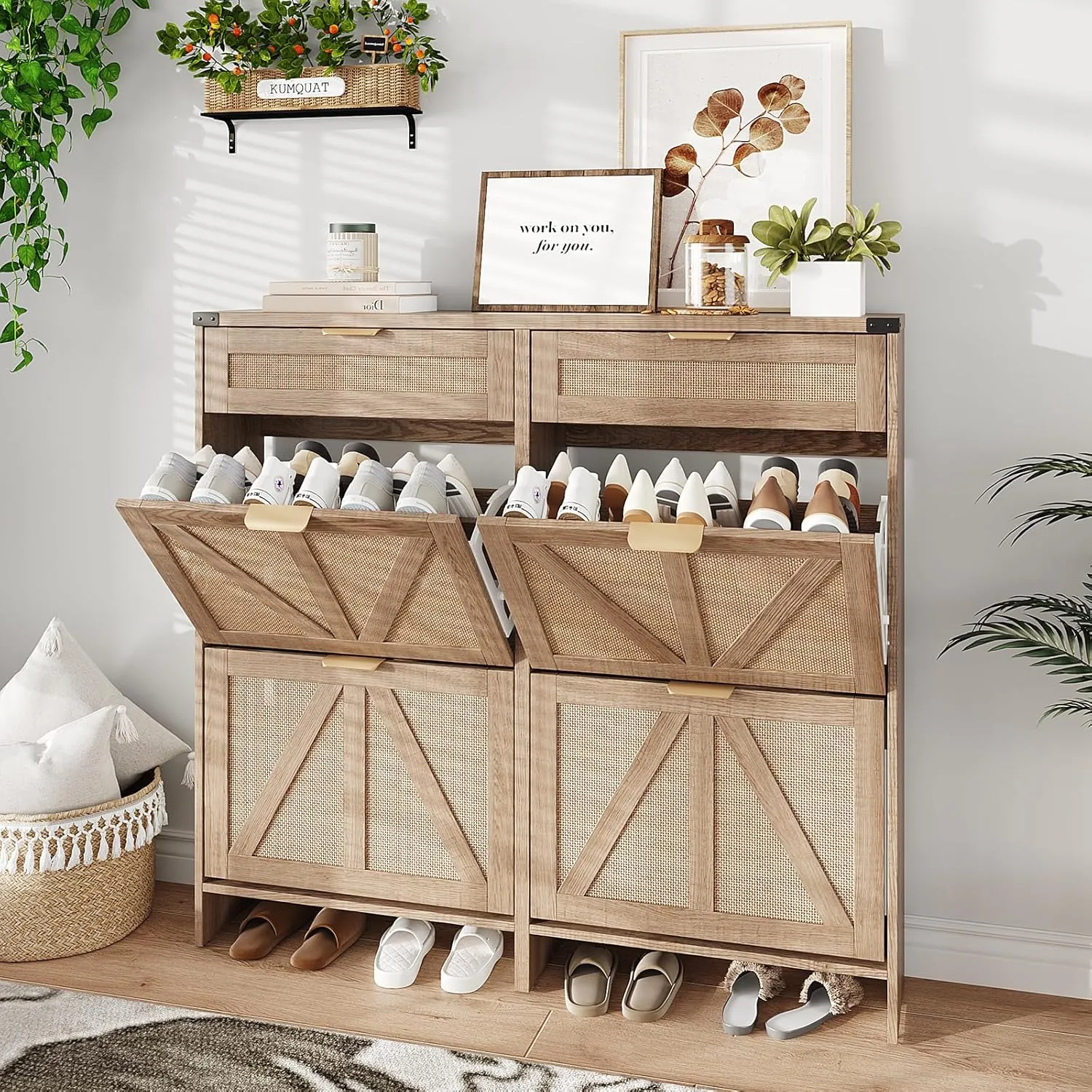 Shoe Cabinet with 4 Flip Drawers & 2 Drawers,Farmhouse Shoe Storage Cabinet for Entryway,Slim Freestanding Organizer Rack for Front Door Entrance,Rustic Oak Rattan