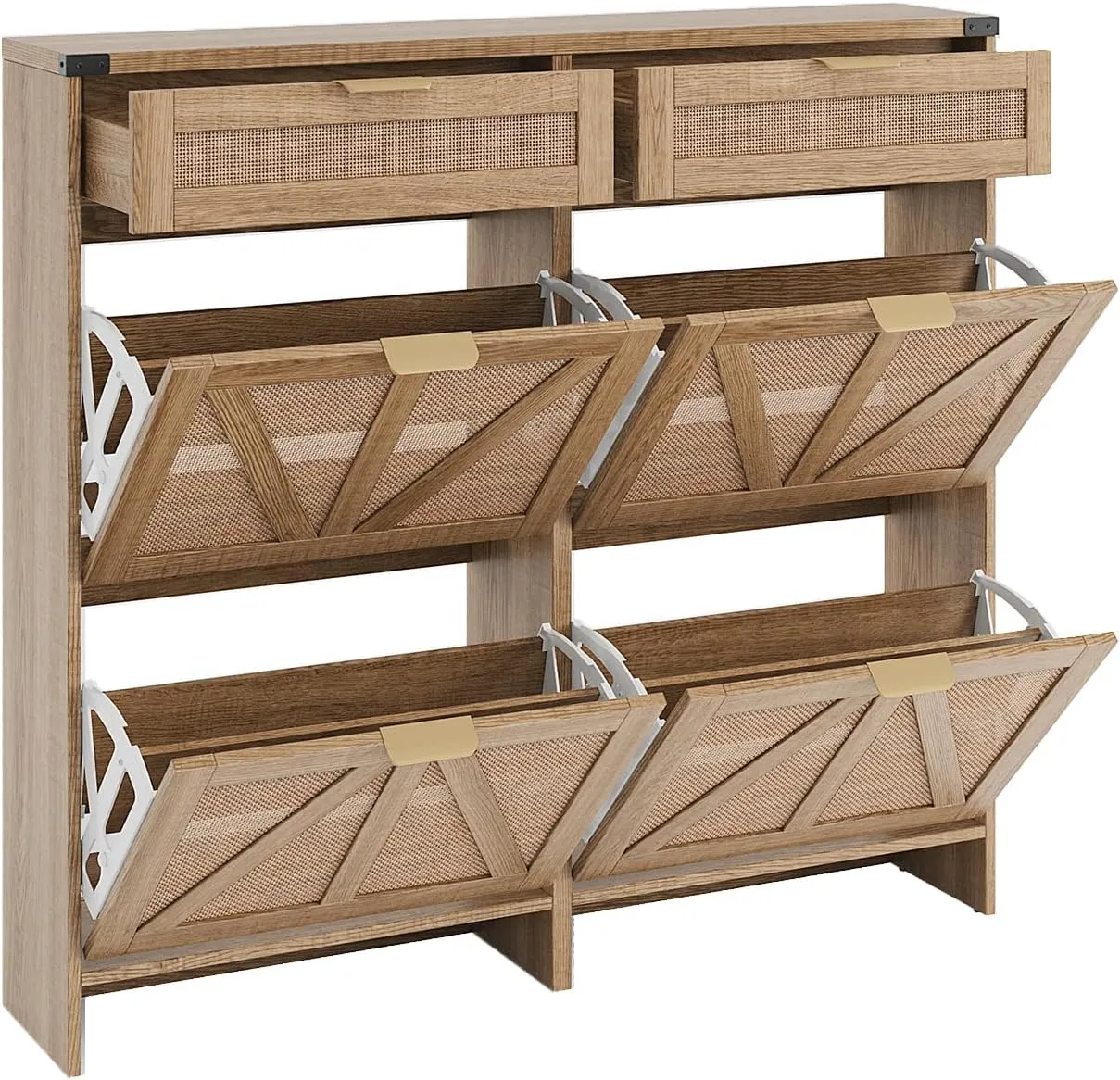 Shoe Cabinet with 4 Flip Drawers & 2 Drawers,Farmhouse Shoe Storage Cabinet for Entryway,Slim Freestanding Organizer Rack for Front Door Entrance,Rustic Oak Rattan