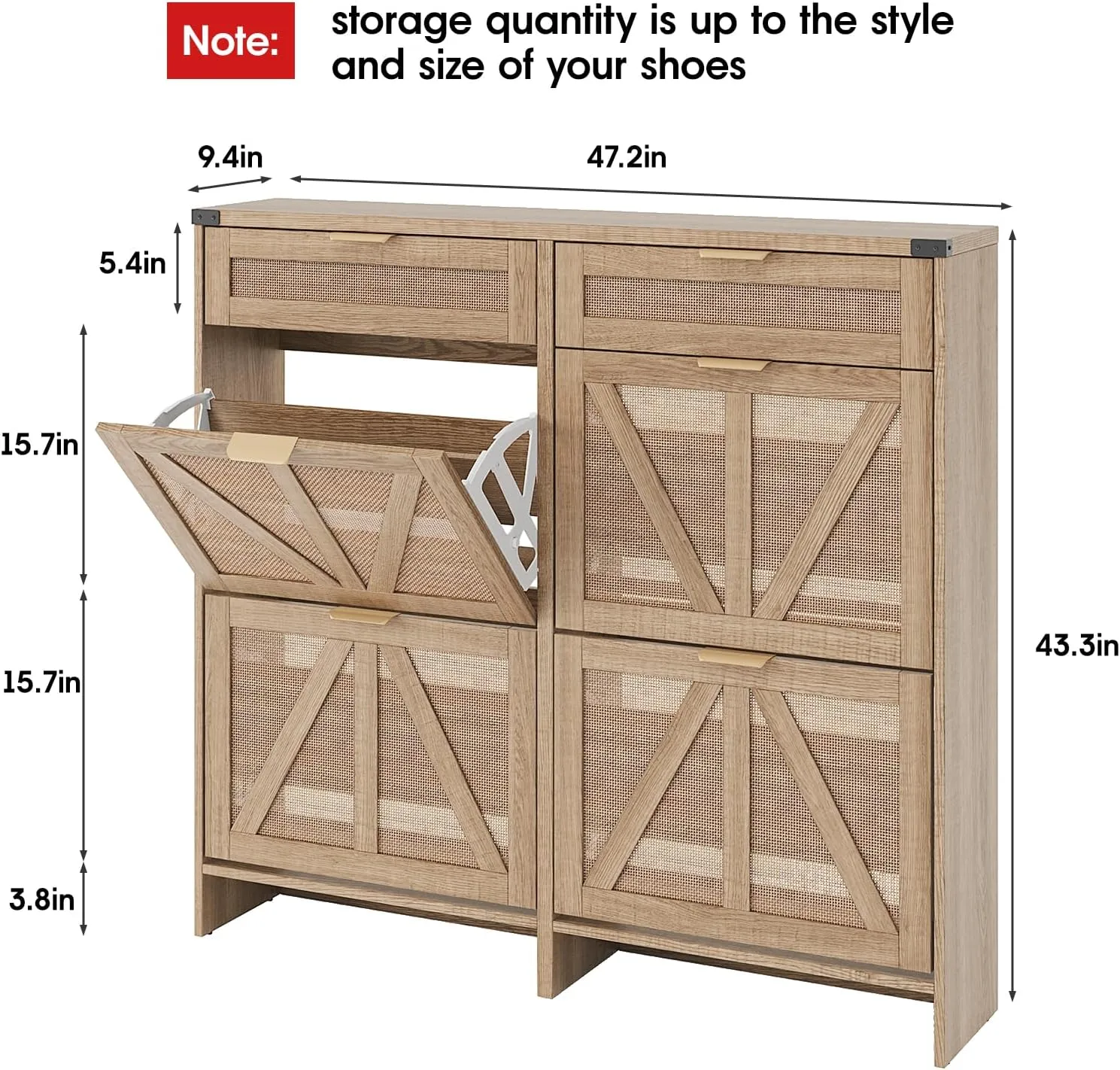 Shoe Cabinet with 4 Flip Drawers & 2 Drawers,Farmhouse Shoe Storage Cabinet for Entryway,Slim Freestanding Organizer Rack for Front Door Entrance,Rustic Oak Rattan