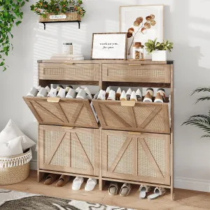 Shoe Cabinet with 4 Flip Drawers & 2 Drawers,Farmhouse Shoe Storage Cabinet for Entryway,Slim Freestanding Organizer Rack for Front Door Entrance,Rustic Oak Rattan