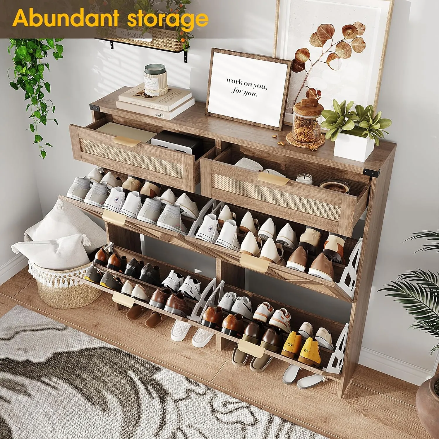 Shoe Cabinet with 4 Flip Drawers & 2 Drawers,Farmhouse Shoe Storage Cabinet for Entryway,Slim Freestanding Organizer Rack for Front Door Entrance,Rustic Oak Rattan