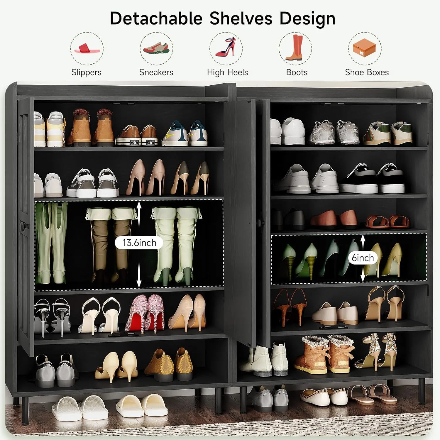 Shoe Cabinet with Cross Molding Doors, 6-Tier Shoe Storage Cabinet with 3 Adjustable Shelves and Metal Legs, 45'' Tall Shoes Rack Organizer Cabinet for Entryway, Front Door, Black