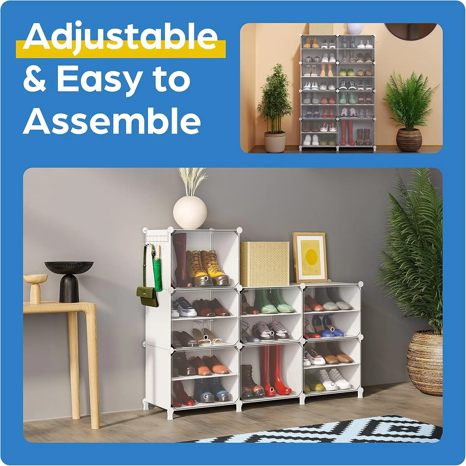 Shoe Organizer Cabinet Up to 32 Pairs, Shoe Closet-Portable Closed Shoe Rack with See-Through Door (Clear, Plastic, Stackable) Cubby Shoes Organizer with Covers, Hooks & Pockets, White