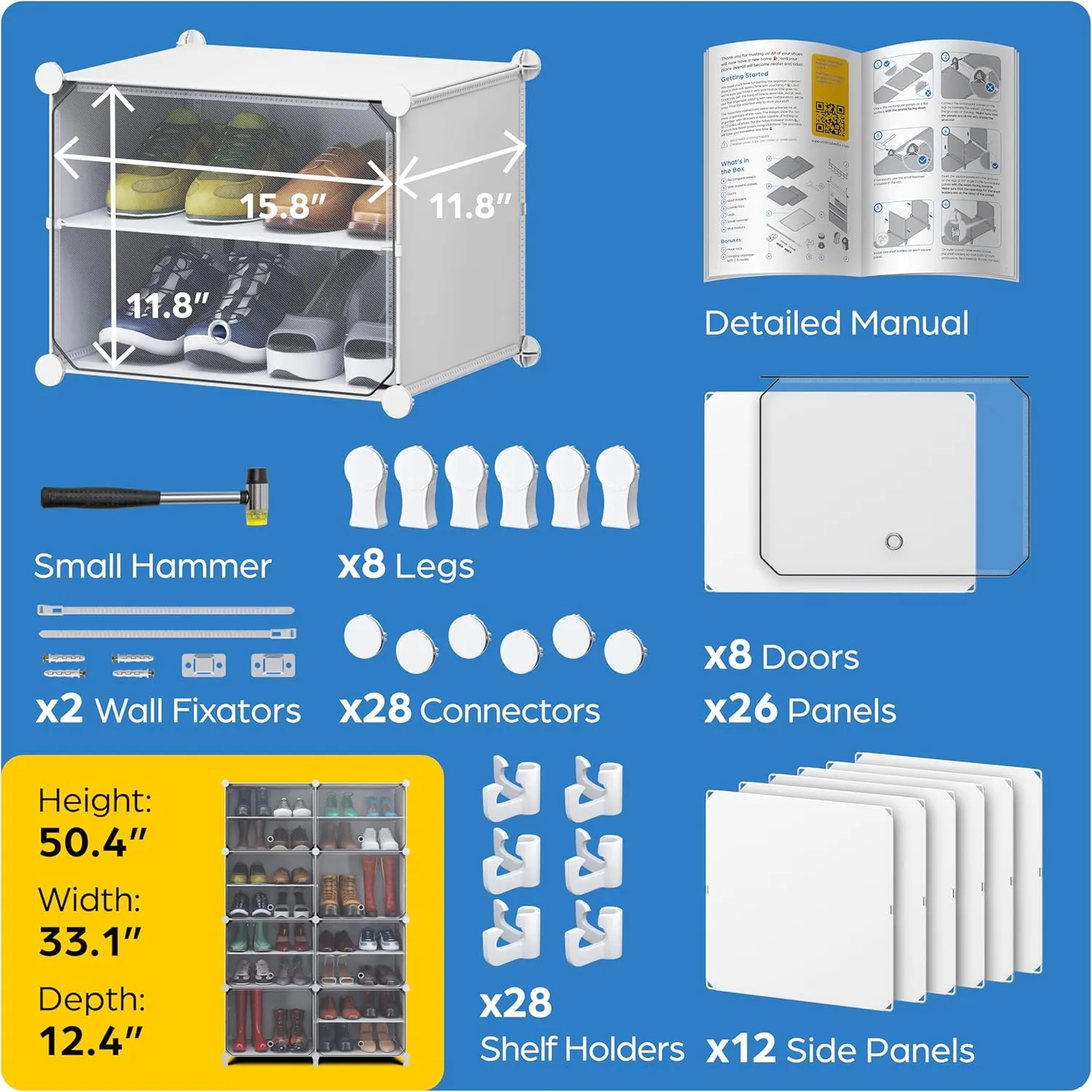 Shoe Organizer Cabinet Up to 32 Pairs, Shoe Closet-Portable Closed Shoe Rack with See-Through Door (Clear, Plastic, Stackable) Cubby Shoes Organizer with Covers, Hooks & Pockets, White