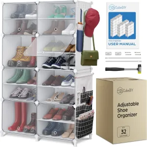 Shoe Organizer Cabinet Up to 32 Pairs, Shoe Closet-Portable Closed Shoe Rack with See-Through Door (Clear, Plastic, Stackable) Cubby Shoes Organizer with Covers, Hooks & Pockets, White