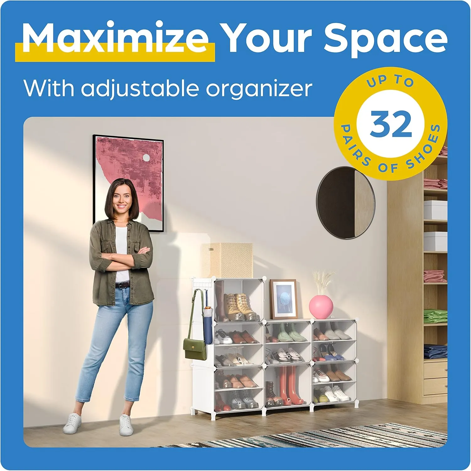 Shoe Organizer Cabinet Up to 32 Pairs, Shoe Closet-Portable Closed Shoe Rack with See-Through Door (Clear, Plastic, Stackable) Cubby Shoes Organizer with Covers, Hooks & Pockets, White