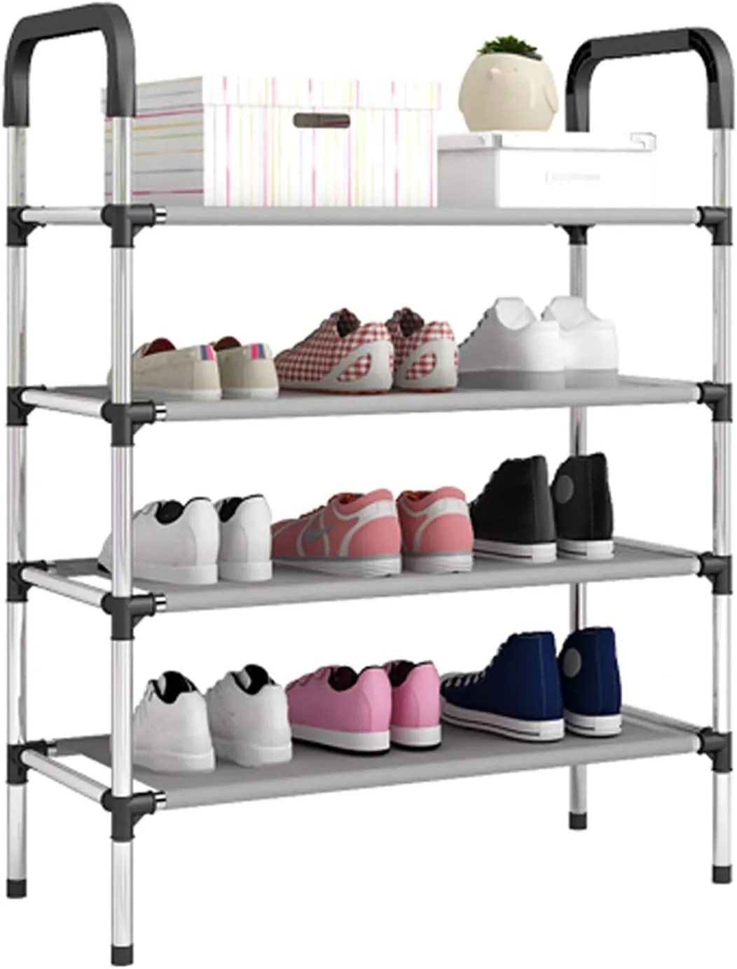 Shoe Rack 4 Tier Shoe Rack Extendable Stackable Black Rectangular Storage Shelf Metal Storage Organiser Good Bearing Capacity Shoe Shelf