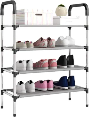 Shoe Rack 4 Tier Shoe Rack Extendable Stackable Black Rectangular Storage Shelf Metal Storage Organiser Good Bearing Capacity Shoe Shelf
