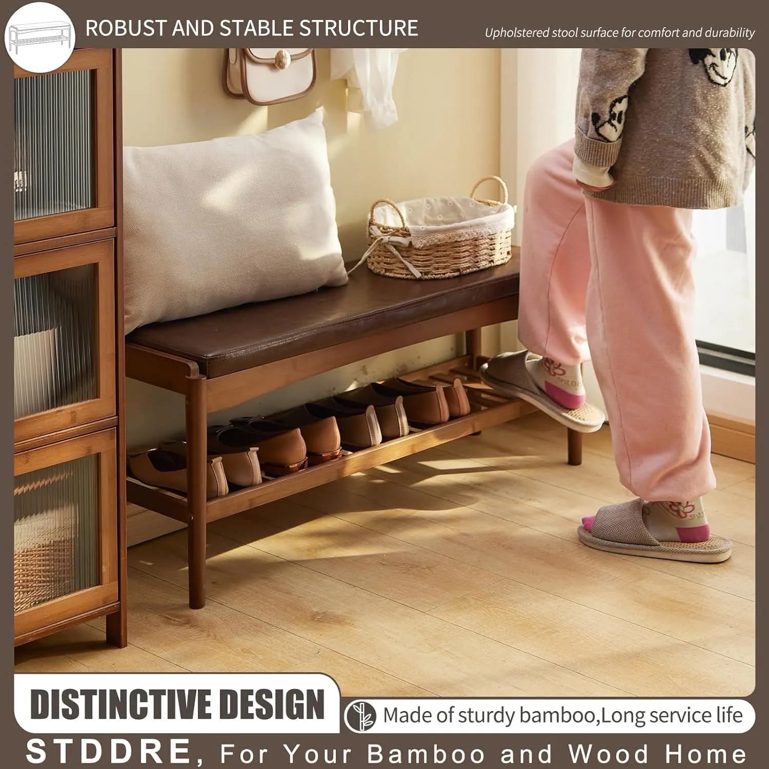 Shoe Rack Bench Entryway Bamboo Shoe Storage Bench with Leather Cushion 2 Tiers Shoe Rack Entryway Bench for Hallway, Living Room,Bedroom(Walnut Bench top Brown Frame)