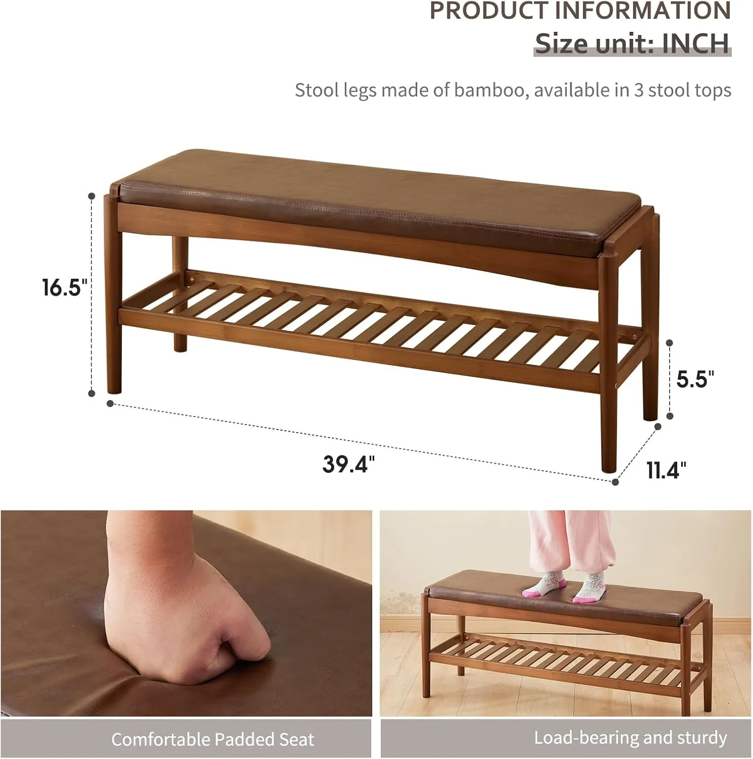 Shoe Rack Bench Entryway Bamboo Shoe Storage Bench with Leather Cushion 2 Tiers Shoe Rack Entryway Bench for Hallway, Living Room,Bedroom(Walnut Bench top Brown Frame)