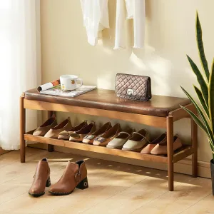 Shoe Rack Bench Entryway Bamboo Shoe Storage Bench with Leather Cushion 2 Tiers Shoe Rack Entryway Bench for Hallway, Living Room,Bedroom(Walnut Bench top Brown Frame)