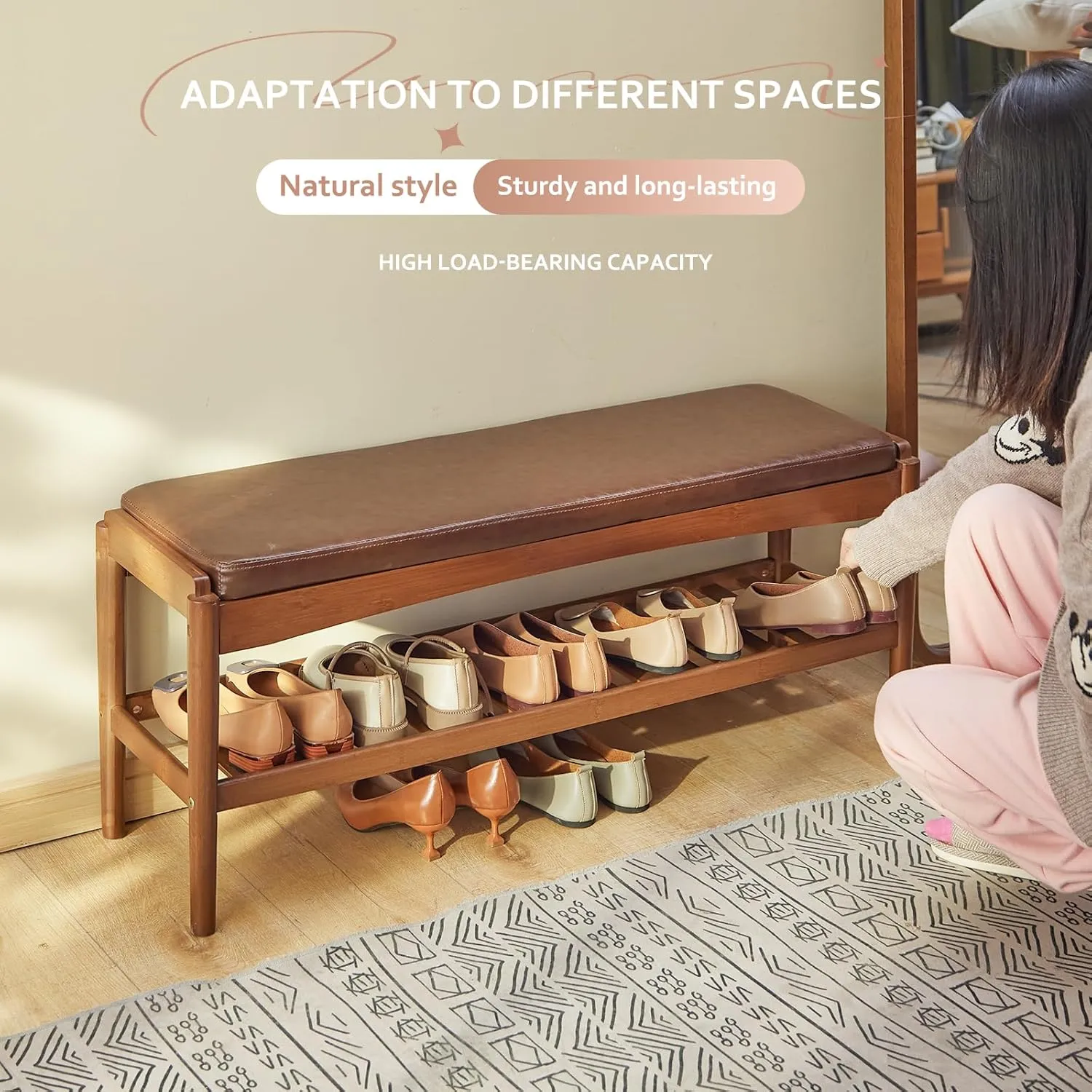 Shoe Rack Bench Entryway Bamboo Shoe Storage Bench with Leather Cushion 2 Tiers Shoe Rack Entryway Bench for Hallway, Living Room,Bedroom(Walnut Bench top Brown Frame)