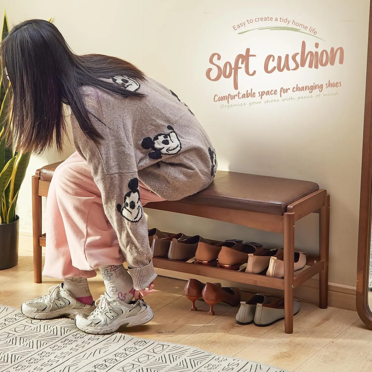 Shoe Rack Bench Entryway Bamboo Shoe Storage Bench with Leather Cushion 2 Tiers Shoe Rack Entryway Bench for Hallway, Living Room,Bedroom(Walnut Bench top Brown Frame)