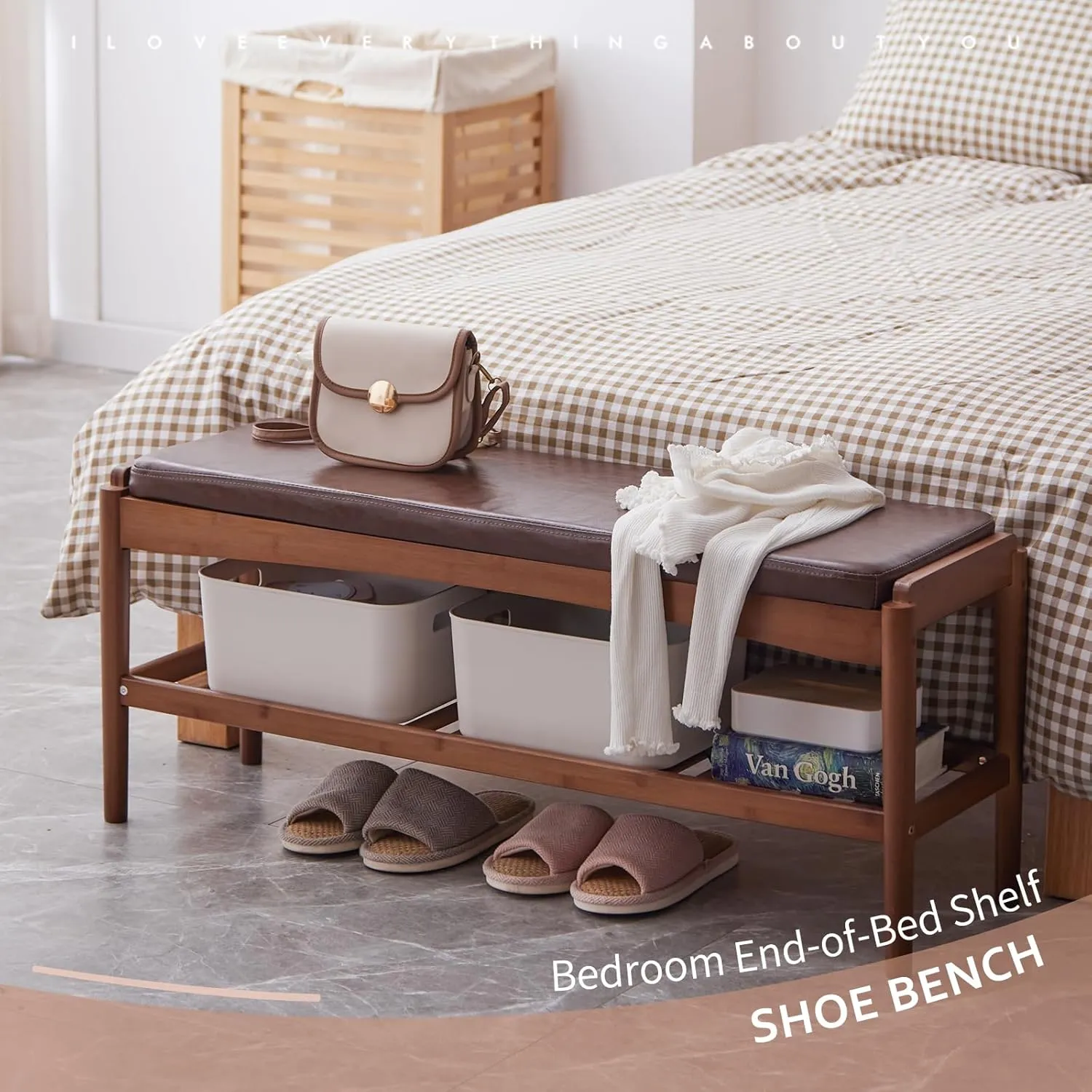 Shoe Rack Bench Entryway Bamboo Shoe Storage Bench with Leather Cushion 2 Tiers Shoe Rack Entryway Bench for Hallway, Living Room,Bedroom(Walnut Bench top Brown Frame)