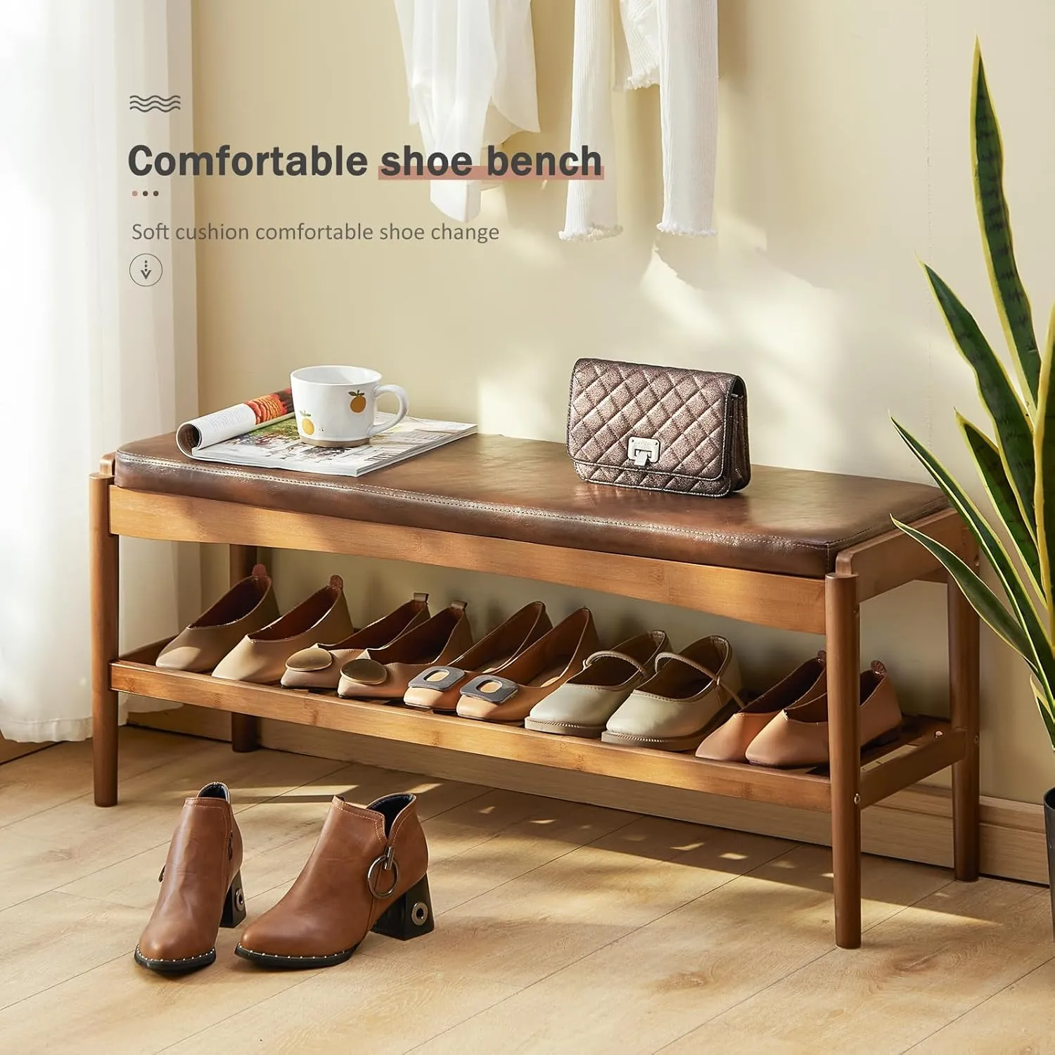 Shoe Rack Bench Entryway Bamboo Shoe Storage Bench with Leather Cushion 2 Tiers Shoe Rack Entryway Bench for Hallway, Living Room,Bedroom(Walnut Bench top Brown Frame)