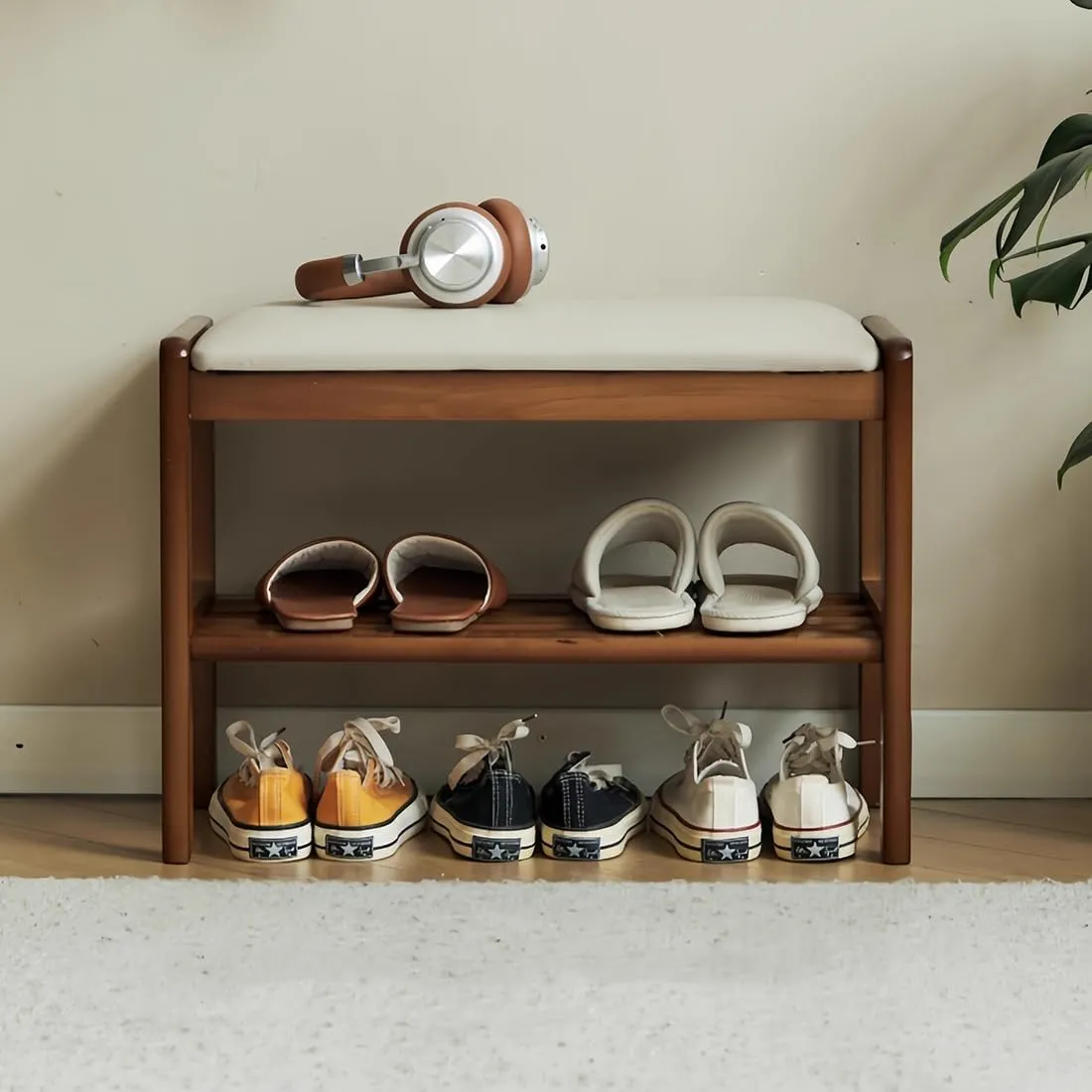 Shoe Rack Bench, Storage Entryway Chair, Entryway Show seating with Cushion, Shoe Shelf with Seat, Space-Saving, Modern Style, Boot Bench for Living Room, Bedroom, Hallway(Walnut,60CM/23.6IN)