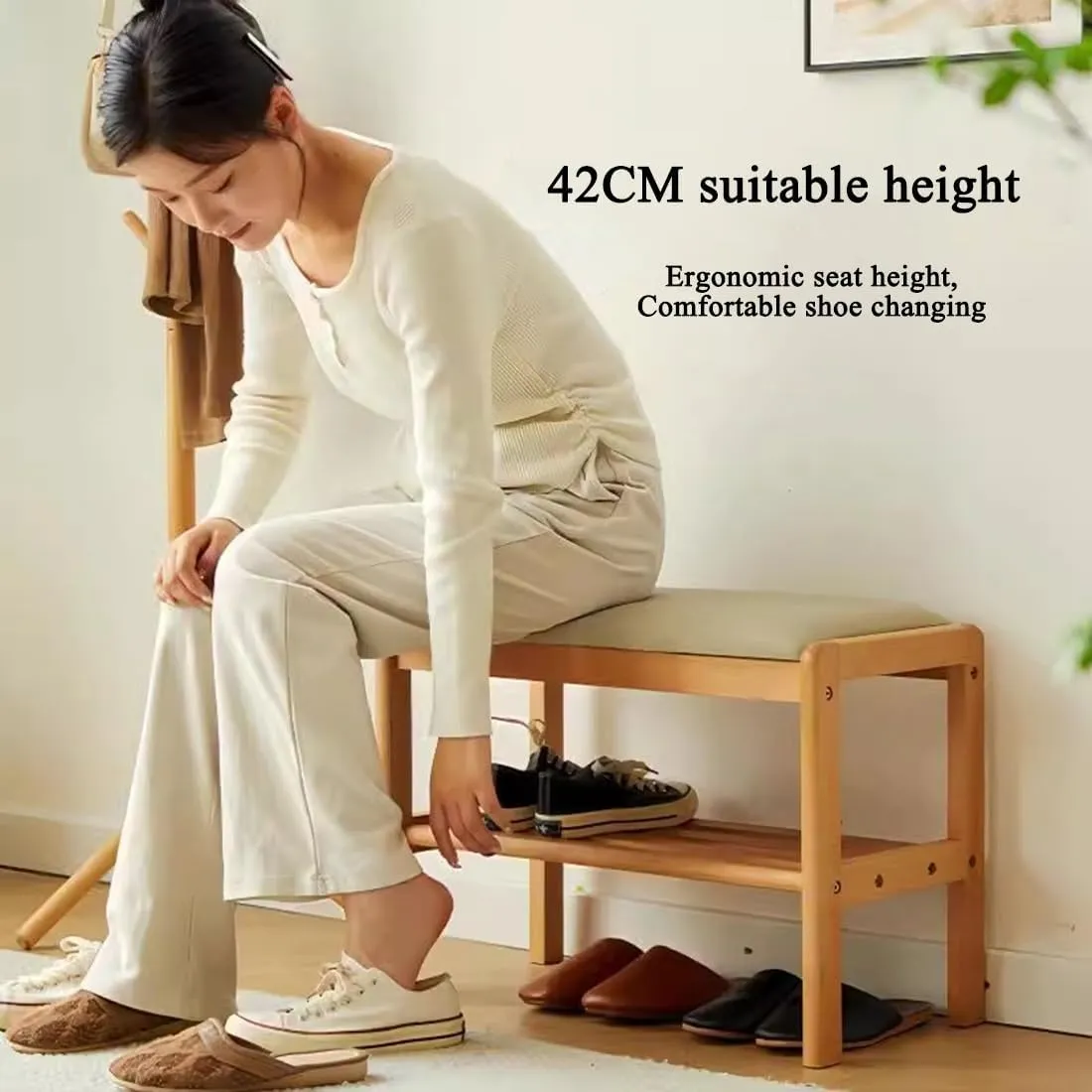 Shoe Rack Bench, Storage Entryway Chair, Entryway Show seating with Cushion, Shoe Shelf with Seat, Space-Saving, Modern Style, Boot Bench for Living Room, Bedroom, Hallway(Walnut,60CM/23.6IN)