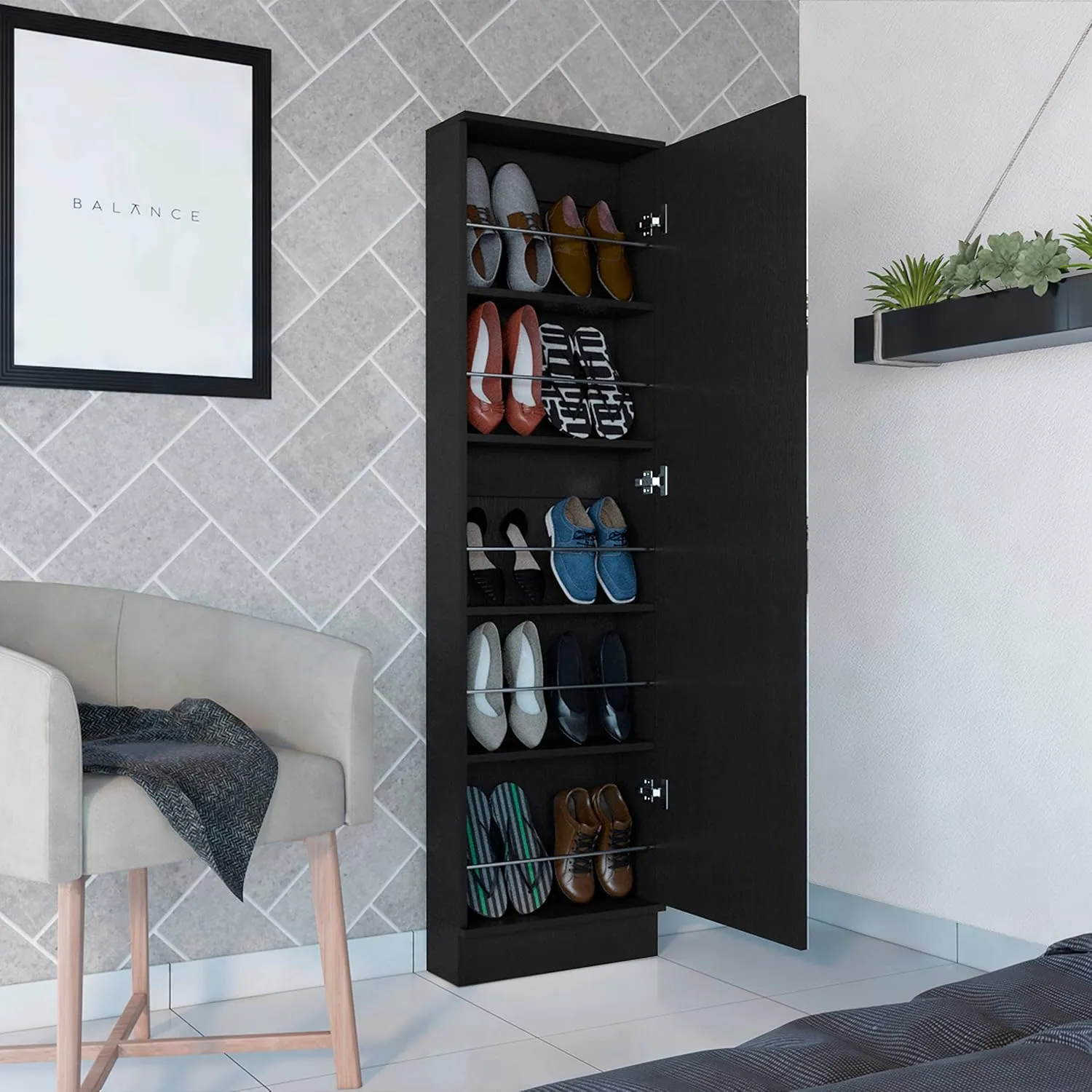 Shoe Rack with Mirror and Five Interior Shelves, Elegant Wood Finish, Space Saving Cabinet, Black Wengue
