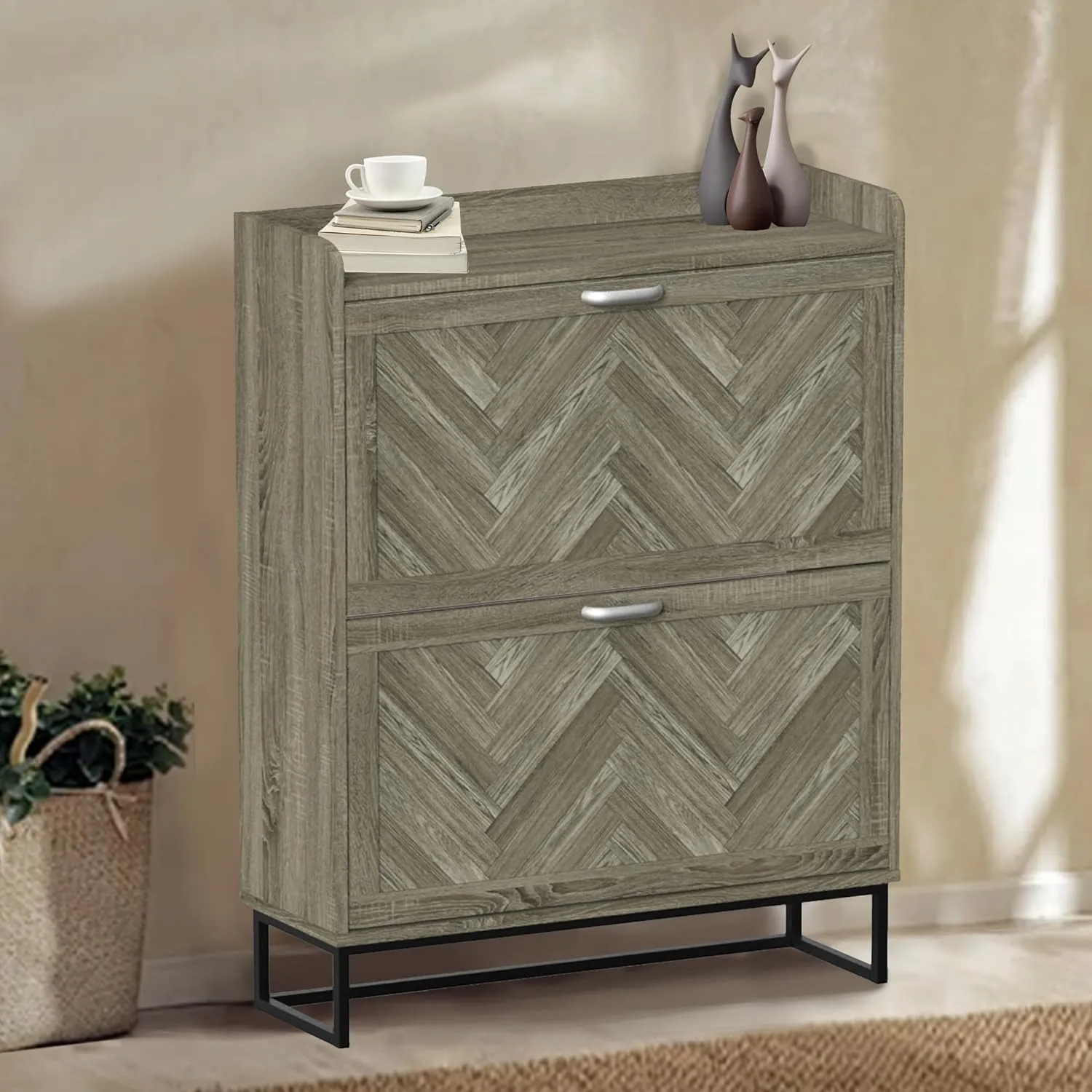 Shoe Storage Cabinet with 2 Flip Drawers, Narrow Hidden Shoe Cabinet with Metal Legs & Adjustable Shelf, Freestanding Slim Shoe Rack Organizer for Entryway, Gray