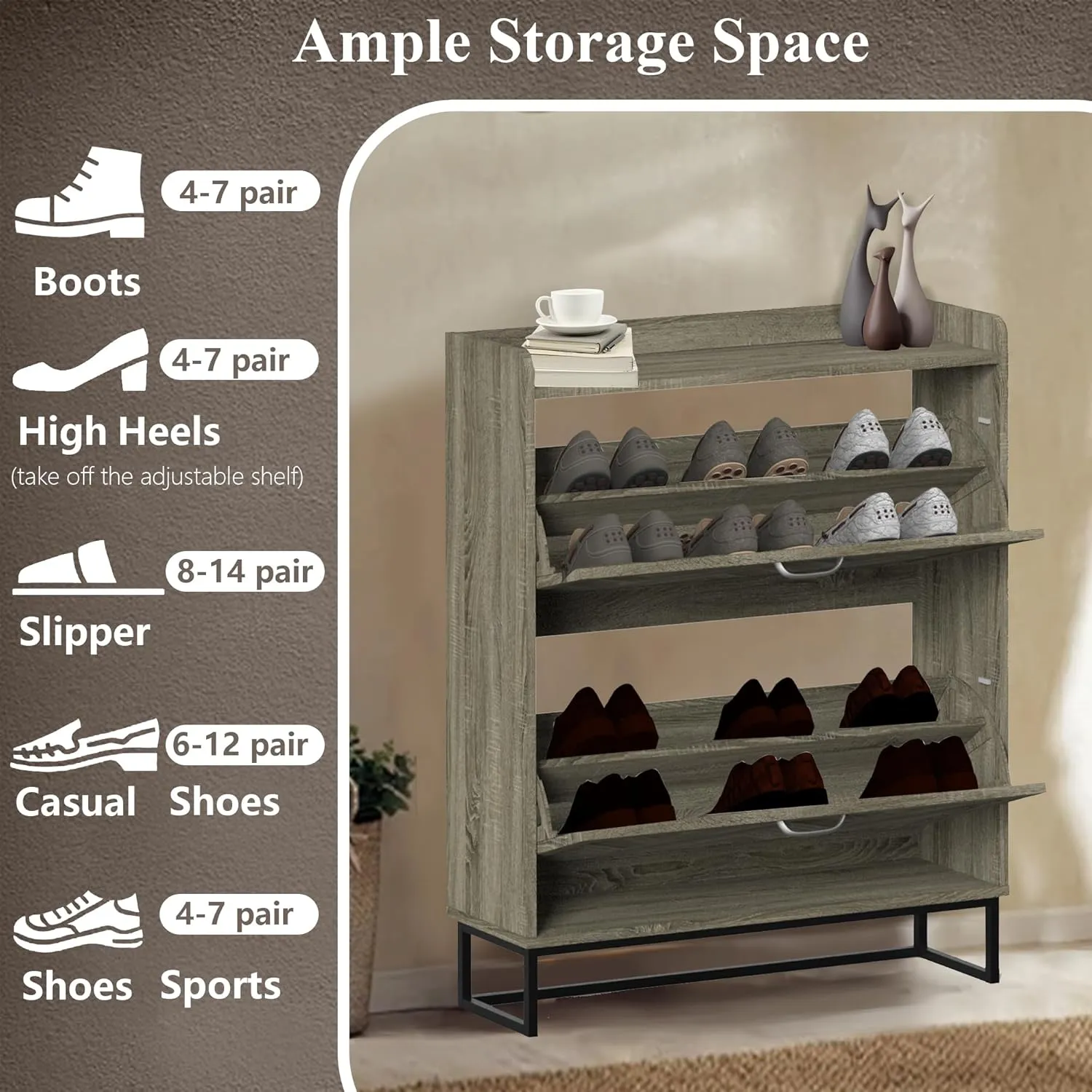 Shoe Storage Cabinet with 2 Flip Drawers, Narrow Hidden Shoe Cabinet with Metal Legs & Adjustable Shelf, Freestanding Slim Shoe Rack Organizer for Entryway, Gray