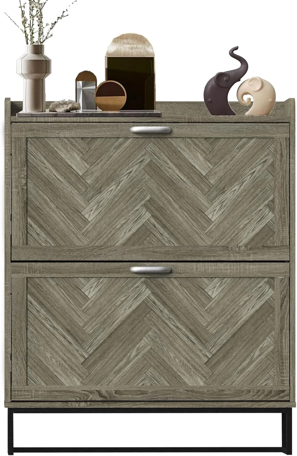 Shoe Storage Cabinet with 2 Flip Drawers, Narrow Hidden Shoe Cabinet with Metal Legs & Adjustable Shelf, Freestanding Slim Shoe Rack Organizer for Entryway, Gray