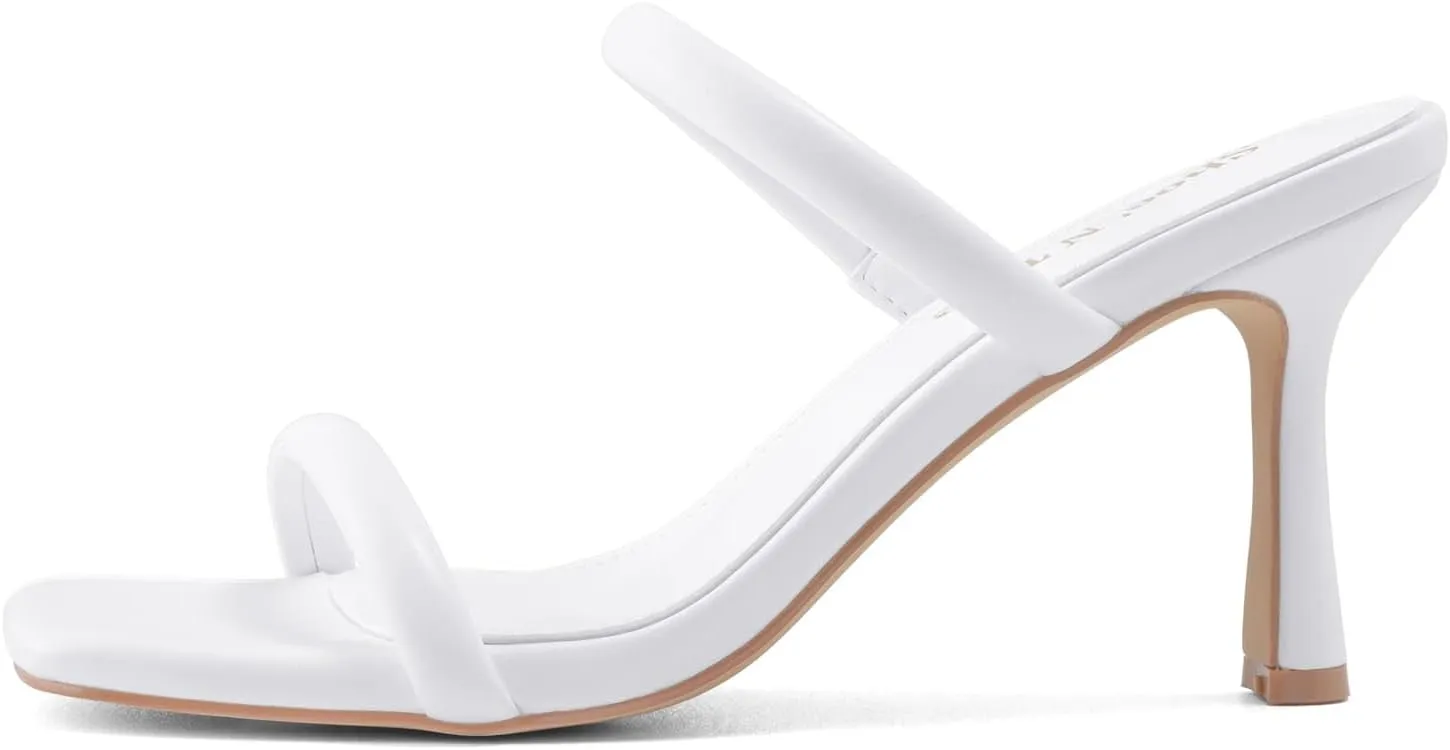 Shoe'N Tale Women's Strappy Heels Kitten Heeled Mules Two Straps Square Open Toe Slip On Sandals