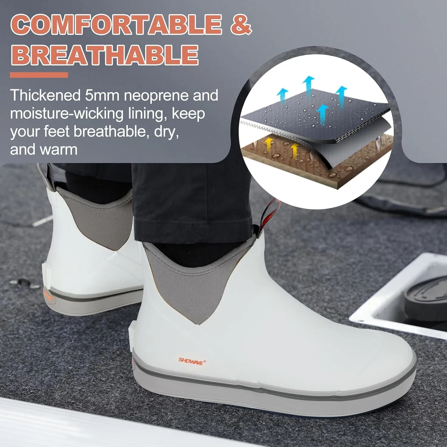 Showave Men's Deck Boots Waterproof Ankle Rubber Rain Boots Non-slip Boat Booties for Sailing Fishing and Outdoors