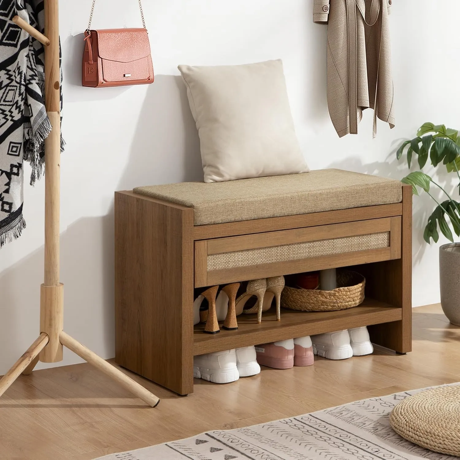 SICOTAS Rattan Shoe Bench Entryway Bench with Storage Drawer and Linen Seat Cushion, Farmhouse Boho Shoe Rack with Shelf, Wooden Storage Bench for Entryway Hallway and Bedroom, Caramel Oak