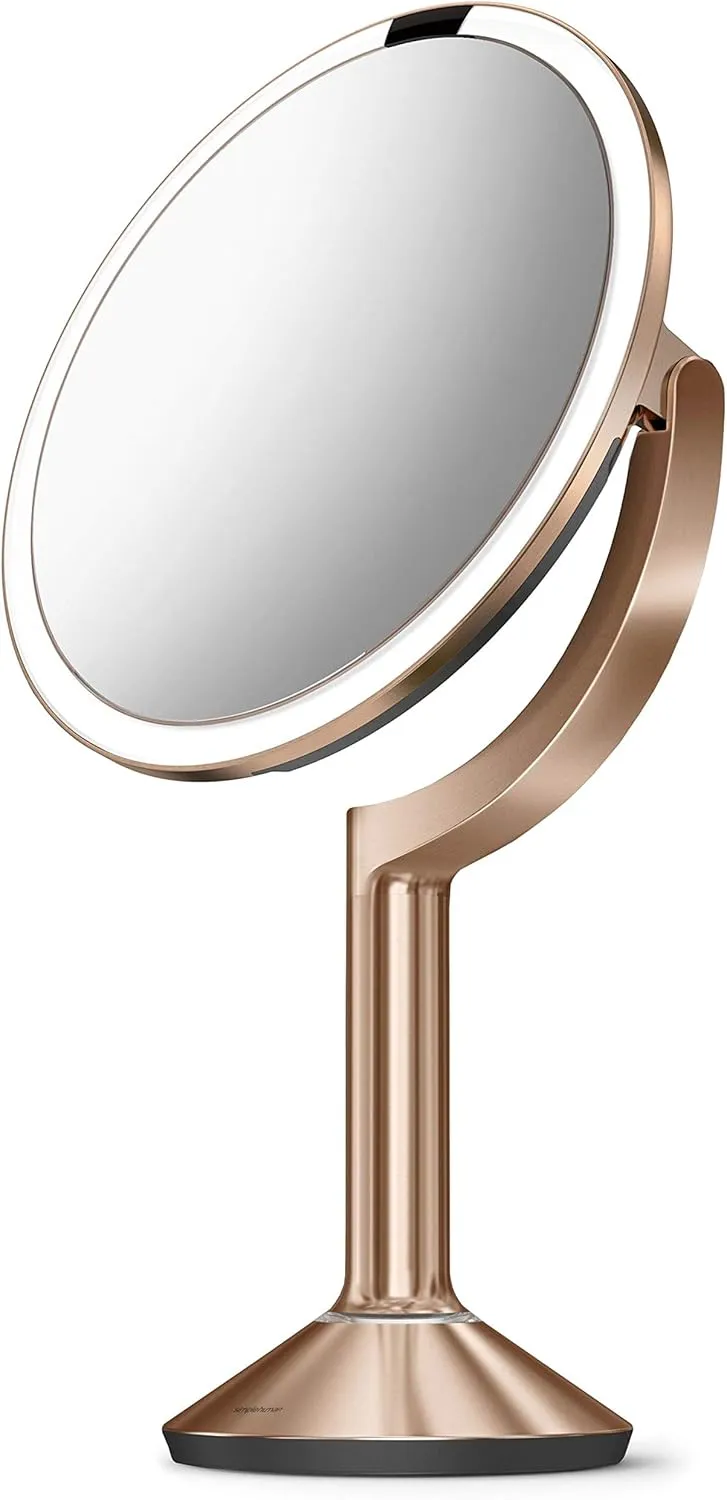 simplehuman ST3034 20cm Sensor Mirror Trio with Touch-Control Brightness, Light Up Makeup Magnifying Mirror, 10x, 5x, 1x Magnification, LED, Dual Light Setting, Rechargeable, Rose Gold Stainless Steel
