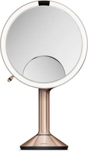 simplehuman ST3034 20cm Sensor Mirror Trio with Touch-Control Brightness, Light Up Makeup Magnifying Mirror, 10x, 5x, 1x Magnification, LED, Dual Light Setting, Rechargeable, Rose Gold Stainless Steel