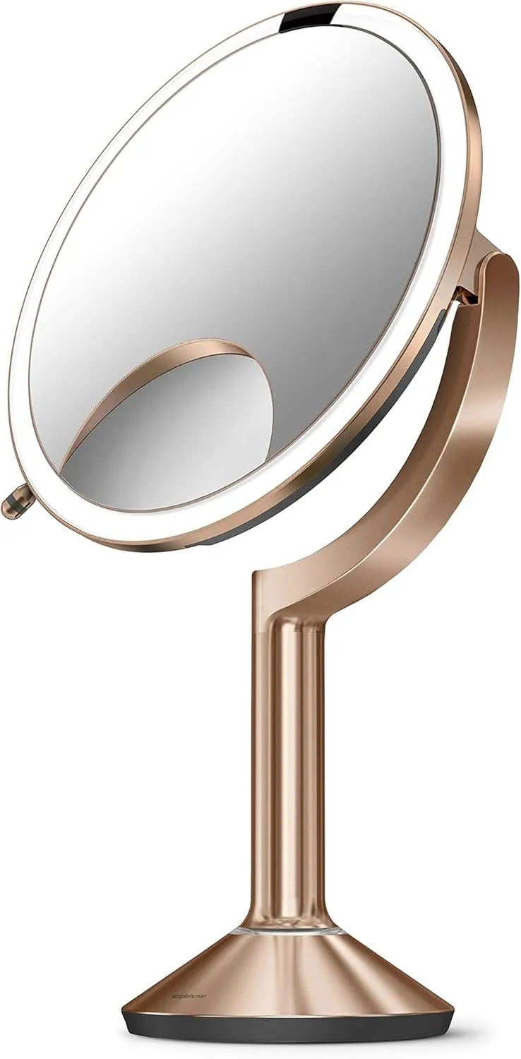 simplehuman ST3034 20cm Sensor Mirror Trio with Touch-Control Brightness, Light Up Makeup Magnifying Mirror, 10x, 5x, 1x Magnification, LED, Dual Light Setting, Rechargeable, Rose Gold Stainless Steel