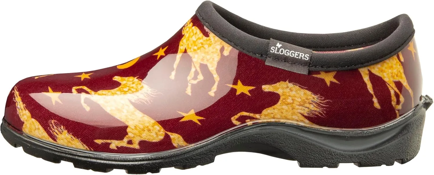 Sloggers Original Waterproof Rain and Garden Shoe for Women– Outdoor Slip-On Garden Clog - Made in The USA with Premium Comfort Insole and Arch Support - Horse Stars Barn Red, Size 7