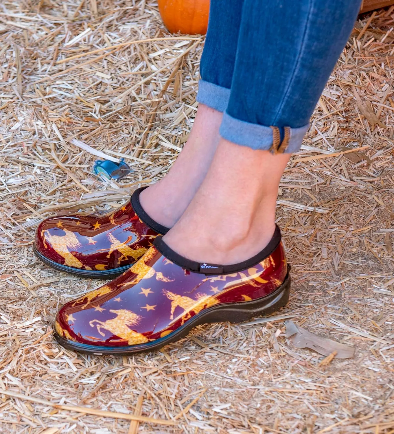 Sloggers Original Waterproof Rain and Garden Shoe for Women– Outdoor Slip-On Garden Clog - Made in The USA with Premium Comfort Insole and Arch Support - Horse Stars Barn Red, Size 7