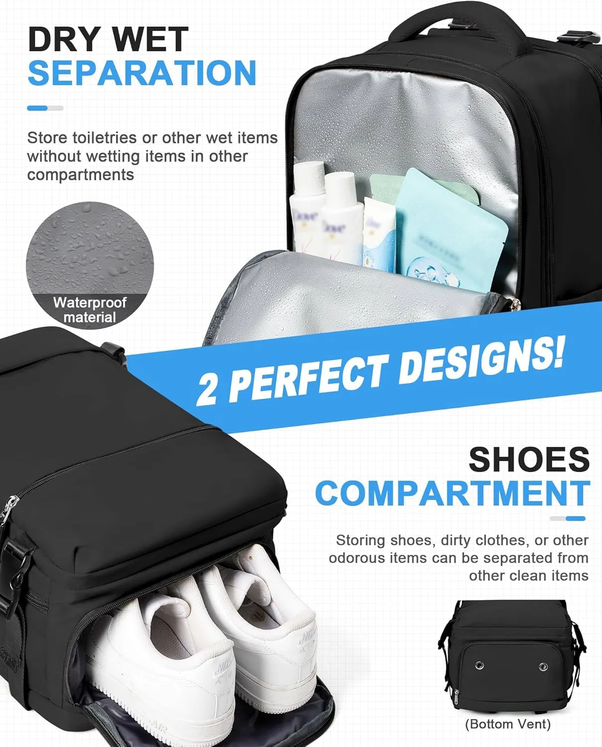 Small Black Gym Backpack for Women Men, Waterproof Sports Backpack with Expandable Shoe Compartment, Lightweight Travel Backpack Dance Backpack Casual Daypack Gym Bag