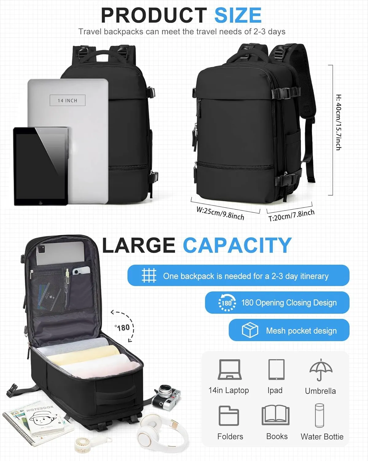 Small Black Gym Backpack for Women Men, Waterproof Sports Backpack with Expandable Shoe Compartment, Lightweight Travel Backpack Dance Backpack Casual Daypack Gym Bag