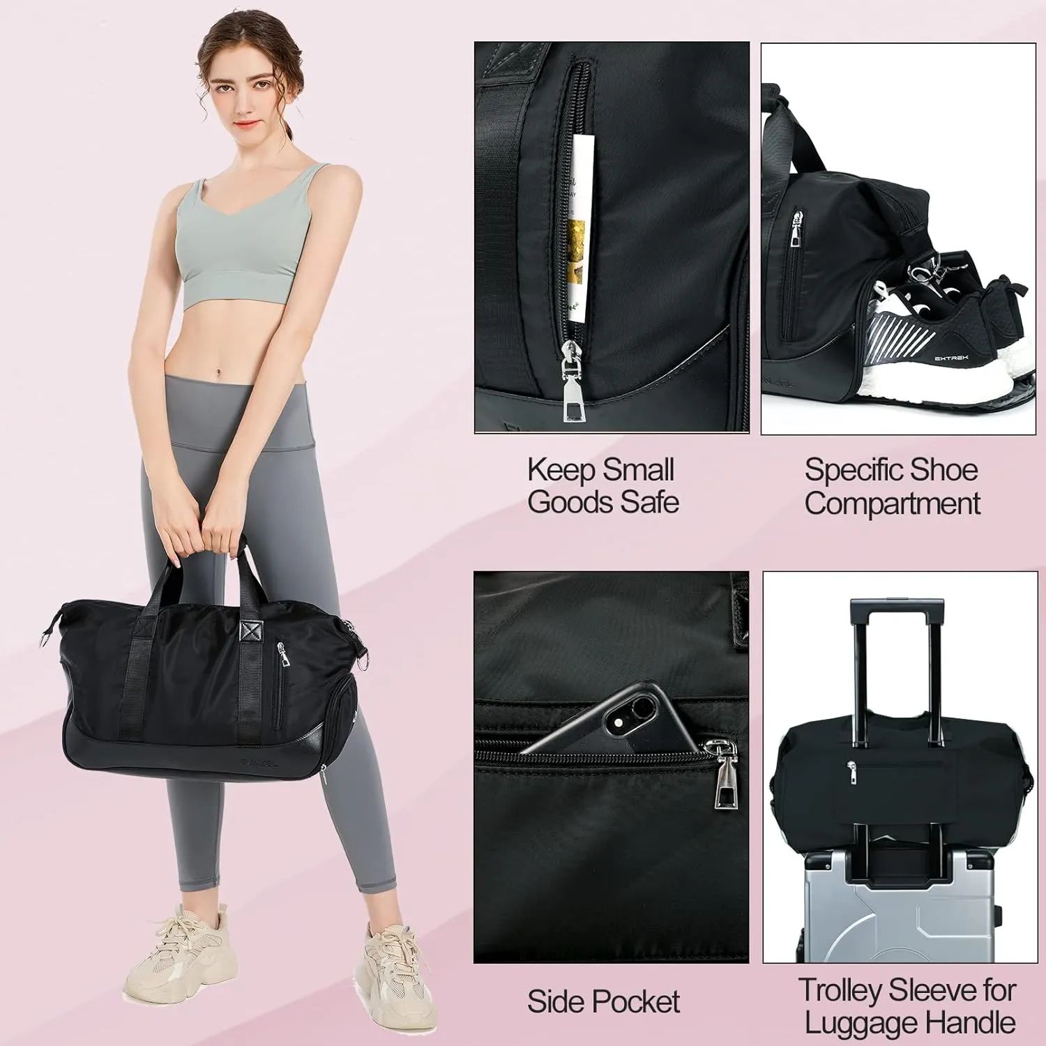 Small Gym Bag for Women, Travel Duffel Bag with Wet Pocket & Shoes Compartment Weekender Bag Tote Bag for Travel Workout