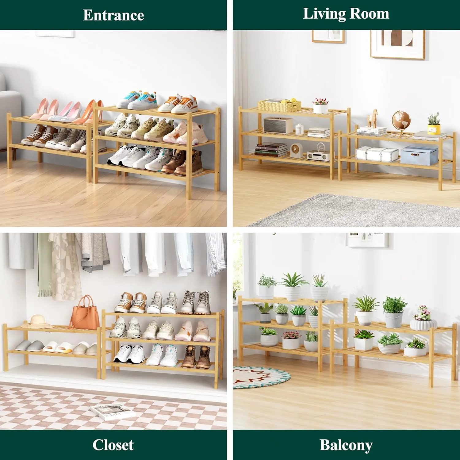 Smiry Bamboo Shoe Rack for Closet, 4 Tier Wooden Stackable Shoe Organizer, Free Standing Shoes Storage Shelf for Entryway, Front Door Entrance, Natural