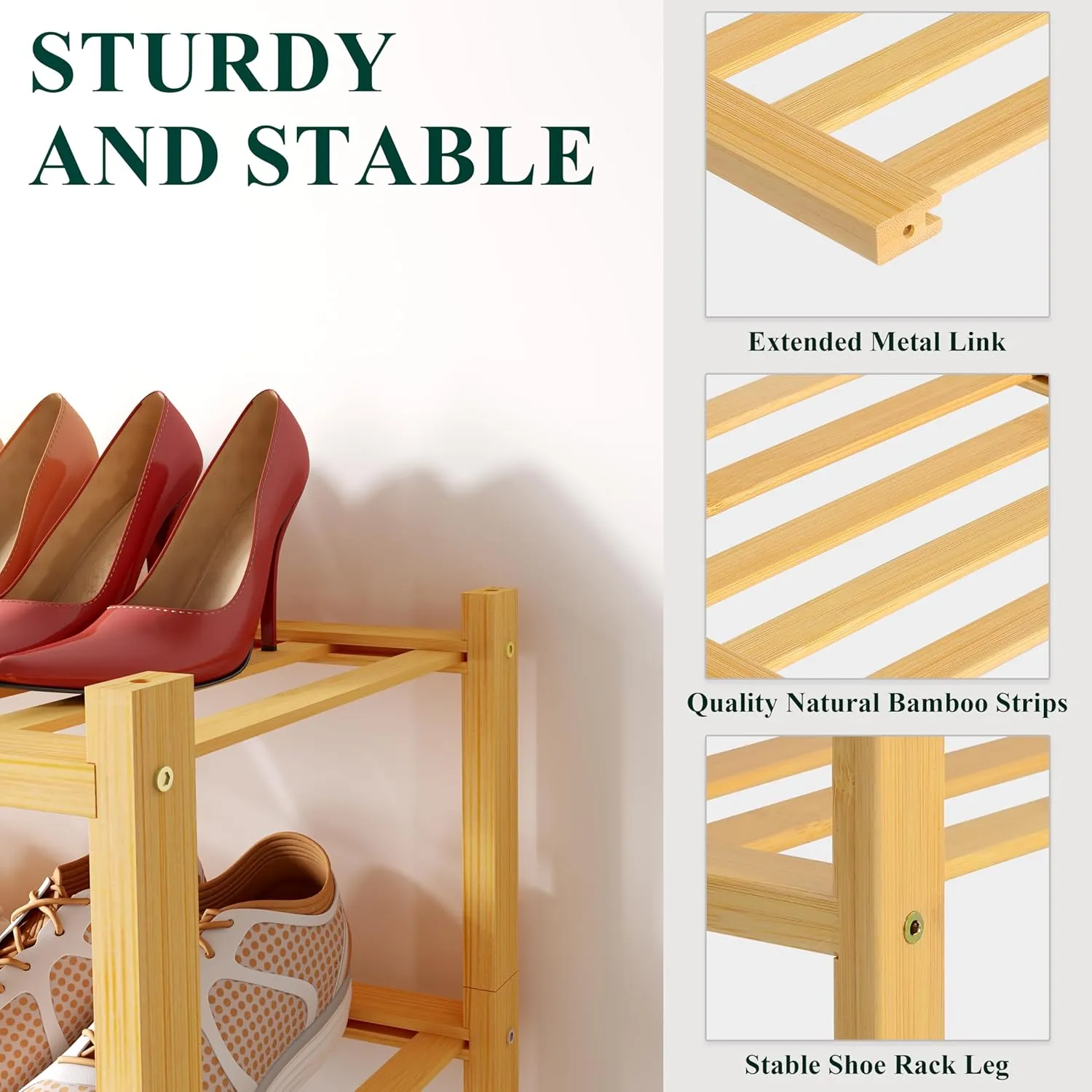 Smiry Bamboo Shoe Rack for Closet, 4 Tier Wooden Stackable Shoe Organizer, Free Standing Shoes Storage Shelf for Entryway, Front Door Entrance, Natural