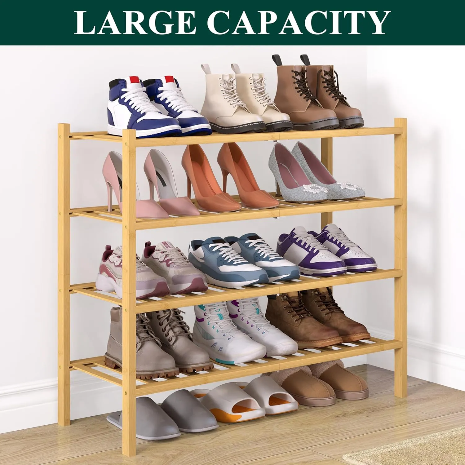 Smiry Bamboo Shoe Rack for Closet, 4 Tier Wooden Stackable Shoe Organizer, Free Standing Shoes Storage Shelf for Entryway, Front Door Entrance, Natural